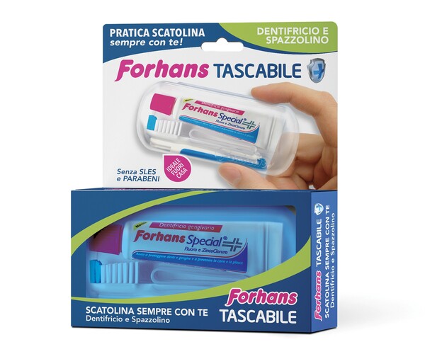 FORHANS TRAVEL KIT TASCABILE COMPOSTO DA SPAZZOLINO DA VIAGGIO + FORHANS SPECIAL PASTA DENTIFRICIA TUBETTO 12,5 ML - Farmacianuova.eu