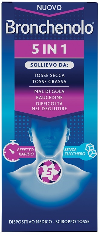 BRONCHENOLO 5 IN 1 SCIROPPO TOSSE 120 ML SENZA ZUCCHERO, ALCOL, LATTOSIO, GLUTINE, COLORANTI ARTIFICIALI E OGM - Farmacianuova.eu