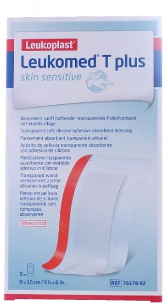 LEUKOMED T PLUS SKIN SENSITIVE MEDICAZIONE POST-OPERATORIA TRASPARENTE IMPERMEABILE CON MASSA ADESIVA AL SILICONE 8X15CM 5 PEZZI - Farmacianuova.eu