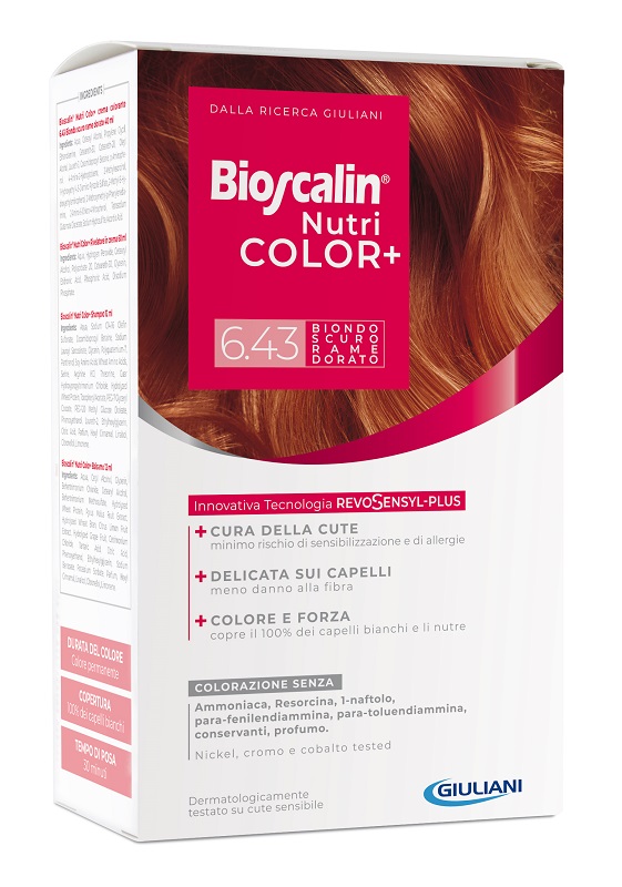 BIOSCALIN NUTRICOLOR PLUS 6,43 BIONDO SCURO RAME DORATO CREMA COLORANTE 40 ML + RIVELATORE CREMA 60 ML + SHAMPOO 12 ML + TRATTAMENTO FINALE BALSAMO 12 ML - Farmacianuova.eu