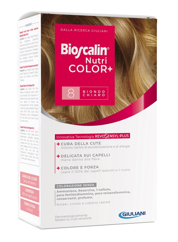 BIOSCALIN NUTRICOLOR PLUS 8 BIONDO CHIARO CREMA COLORANTE 40 ML + RIVELATORE CREMA 60 ML + SHAMPOO 12 ML + TRATTAMENTO FINALE BALSAMO 12 ML - Farmacianuova.eu
