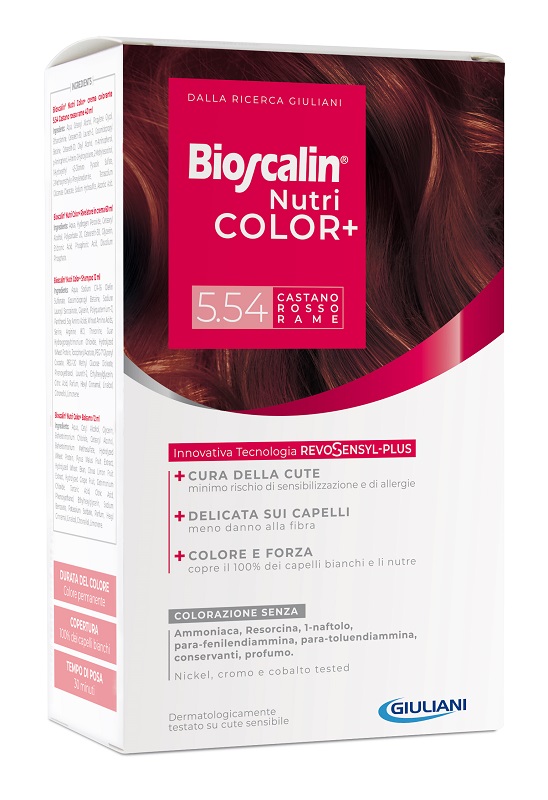 BIOSCALIN NUTRICOLOR PLUS 5,54 CASTANO ROSSO RAME CREMA COLORANTE 40 ML + RIVELATORE CREMA 60 ML + SHAMPOO 12 ML + TRATTAMENTO FINALE BALSAMO 12 ML - Farmacianuova.eu