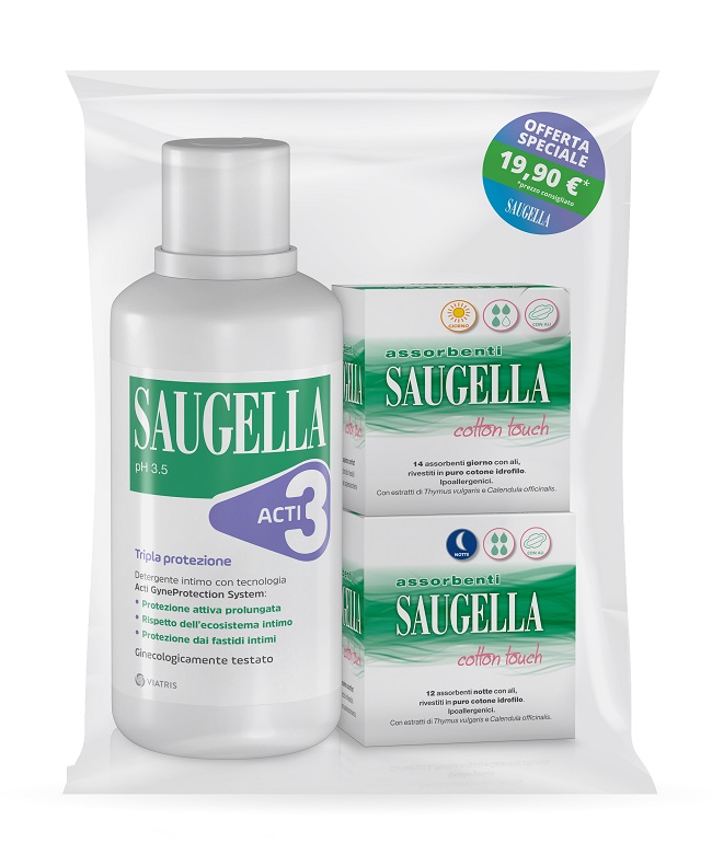 SAUGELLA ACTI3 DETERGENTE INTIMO + 2 SCATOLE ASSORBENTI GIORNO E NOTTE - Farmacianuova.eu