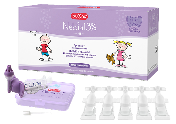 NEBIAL 3% KIT 20 FLACONCINI MONODOSE 5ML SOLUZIONE IPERTONICA CON ACIDO IALURONICO + NEBULIZZATORE SPRAY-SOL - Farmacianuova.eu