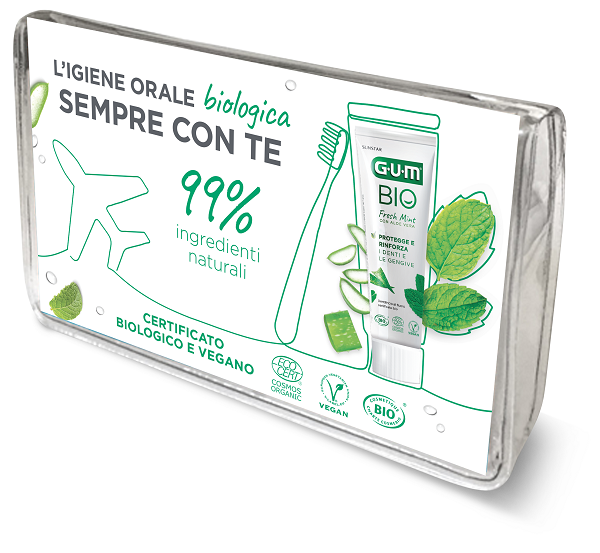 GUM TRAVEL KIT BIO 1 SPAZZOLINO + 1 DENTIFRICIO +  1 SCOVOLINO INTERDENTALE - Farmacianuova.eu