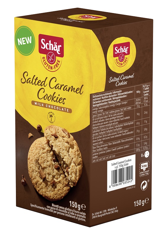 SCHAR SALTED CARAMEL COOKIES CON GOCCE DI CIOCCOLATO AL LATTE E CARAMELLO 150 G - Farmacianuova.eu