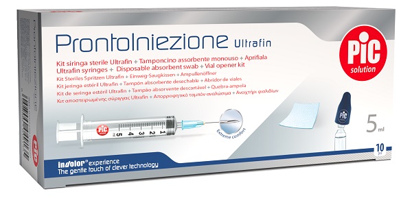 PRONTOINIEZIONE ULTRAFIN KIT SIRINGA STERILE 5 ML GAUGE 23 10 PEZZI + TAMPONCINO ASSORBENTE MONOUSO + APRIFIALA - Farmacianuova.eu